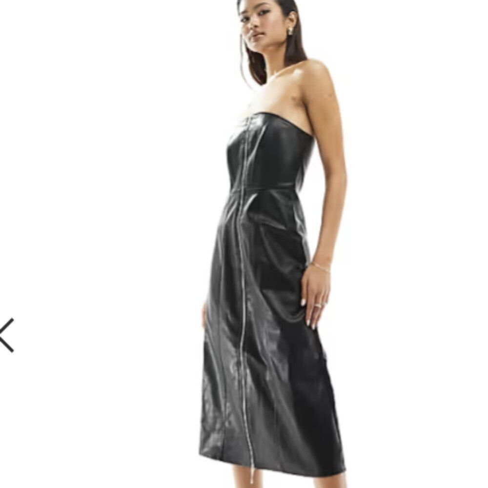 "NWT" French Connection Faux Leather Midi Dress With Zip Detail in Black Size O